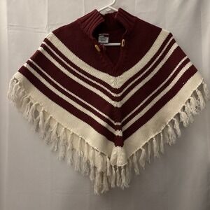 Tommy Hilfiger Kids/Teen Girls White Knit Fringed Poncho Maroon Stripe‎ One Size